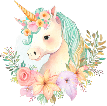Cute Watercolor Magic Unicorn with Flowers png