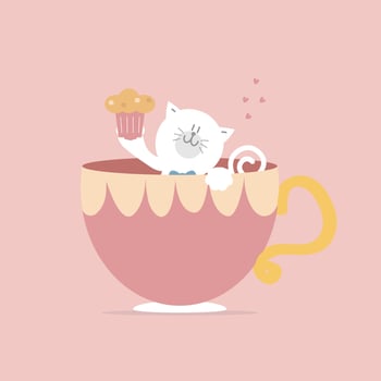 cute and lovely hand drawn cat with cupcake, happy valentine's day, birthday, love concept, flat vector illustration cartoon character design isolated