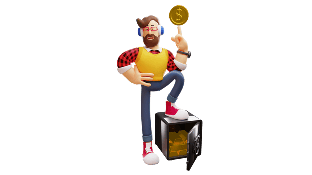 3D illustration. Rich young man 3D Cartoon Character. The rich young man put one foot on the safe filled with gold. The rich youth raised the gold coin. Young man smiling happily. 3D Cartoon Character png