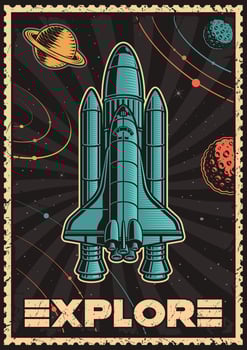 Space poster with shuttle in vintage style on planets background. vector