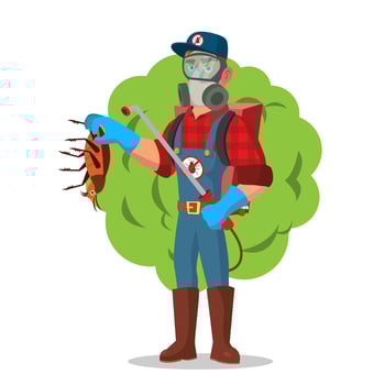 Anti Germs Vector. Exterminator. Spraying Pesticide. Chemical Protective Suit Termites. Disinfection. Cartoon Character Illustration vector