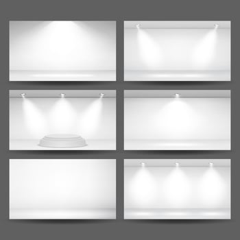 Empty White Photo Studio Interior Background Set. Photo Studio Room. Clean Iight Interior Scene Mock Up. Gallery, Architectural Design. Vector Illustration.