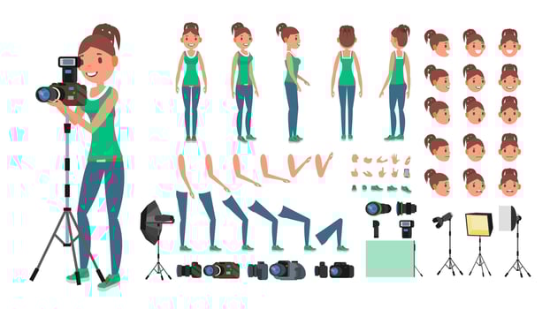 Photographer Woman Vector. Taking Pictures. Animated Female Character Set. Full Length. Accessories, Poses, Face Emotions, Gestures. Isolated Flat Cartoon Illustration vector