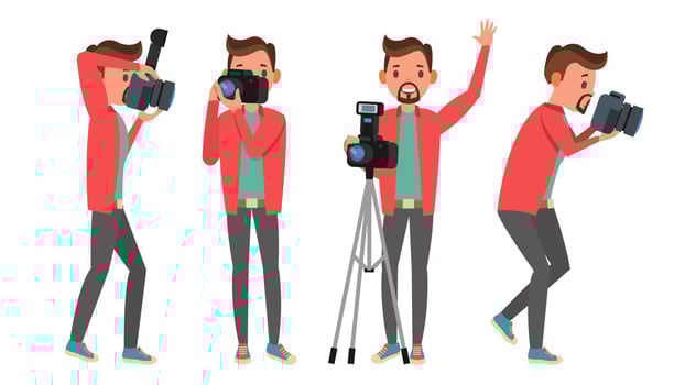 Photographer Vector. Modern Camera. Posing. Full Length Taking Photos. Photojournalist Design. Flat Cartoon Illustration vector