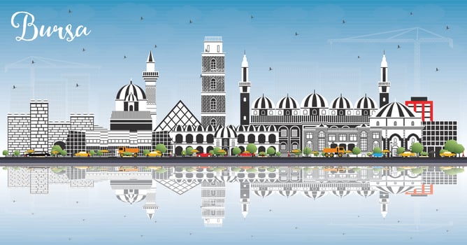 Bursa Turkey City Skyline with Color Buildings, Blue Sky and Reflections. vector