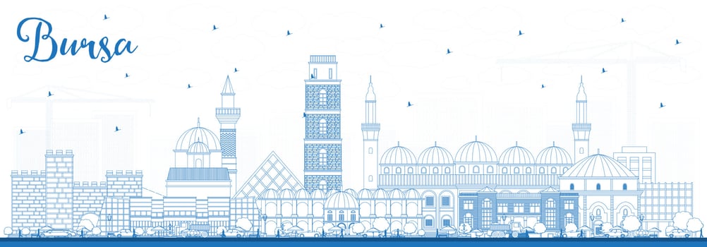 Outline Bursa Turkey City Skyline with Blue Buildings. vector