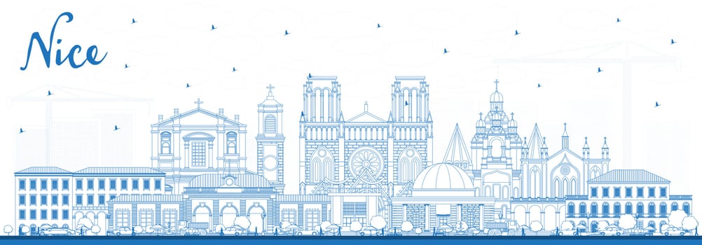 Outline Nice France City Skyline with Blue Buildings. vector