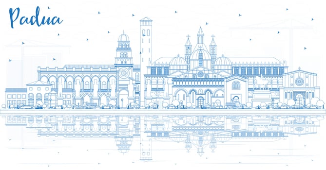 Outline Padua Italy City Skyline with Blue Buildings and Reflections. vector