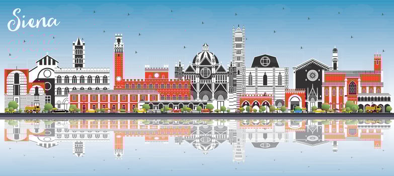 Siena Tuscany Italy City Skyline with Color Buildings, Blue Sky and Reflections. vector