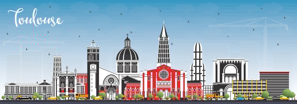 Toulouse France City Skyline with Color Buildings and Blue Sky. vector