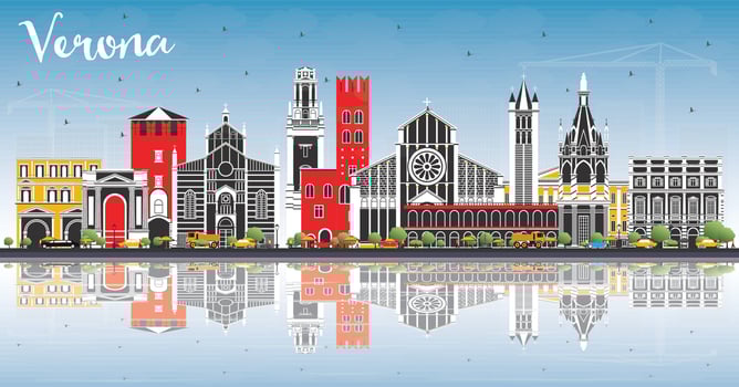Verona Italy City Skyline with Color Buildings, Blue Sky and Reflections. vector
