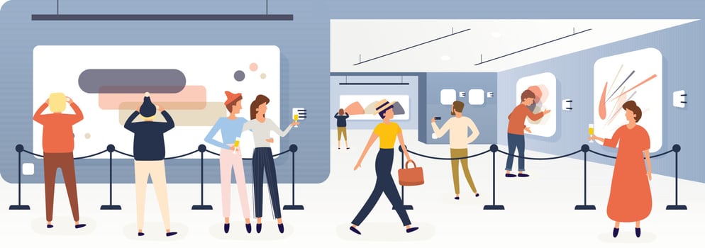 Exhibition Visitors, Tourists Viewing Modern Paintings in Contemporary Art Gallery or Biennale. vector
