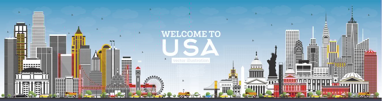 Welcome to USA Skyline with Gray Buildings and Blue Sky. Famous Landmarks in USA. vector