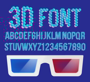 3D Font Pixel Vector. Holographic 3D Effect Font. Stereo Distorted Vision. Illustration vector
