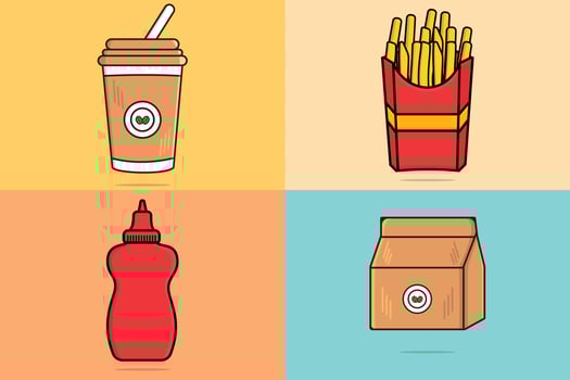 Set of Restaurant Fast Food and Drink symbols vector illustration. Food and drink objects icon concept. Delivery coffee paper bag, hot coffee cup, French Fries in Box and Tomato Sauce Bottle design.