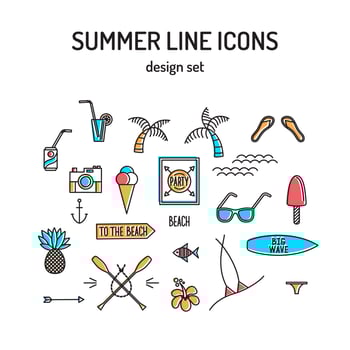 Set of summer and beach line icons and elements vector
