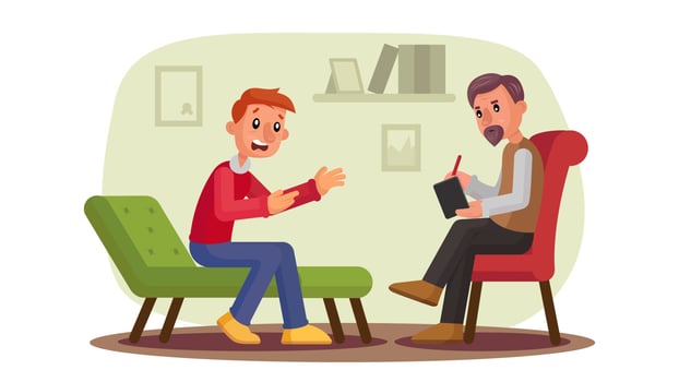 Psychologist Vector. Man Patient Talking Depression, Problems, Alcohol, Drug Addiction. Professional Psychotherapist Having Session. Dealing With Stress. Flat Cartoon Character Illustration vector