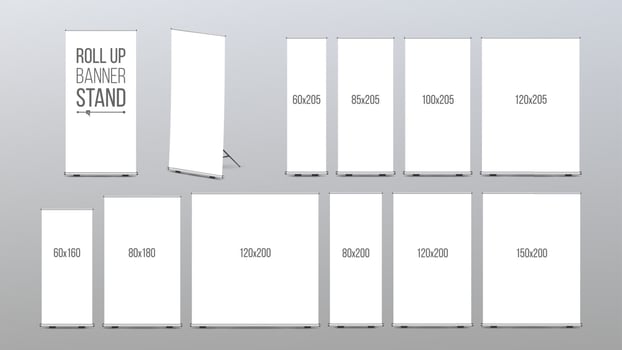 Roll Up Banner Stand Vector. Pop Up Flipchart For Promotional Presentation. Empty Template. Realistic Illustration vector