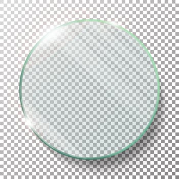 Transparent Round Circle Vector Realistic Illustration. Flat Glass Circle. Glass Plate. Transparency. Lens Flares.