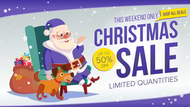 Christmas Sale Banner Vector. Cute Santa Claus. Cartoon Business Brochure Illustration. Template Design For Xmas Banner, Brochure, Poster, Discount Offer Advertising. vector