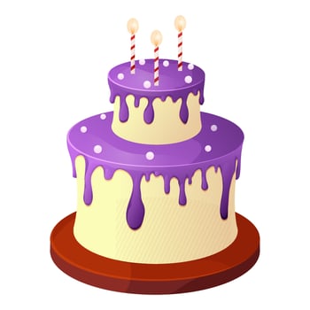 Birthday cake on wooden plate with cream, drip, candles, anniversary desert in cartoon style isolated on white background. Vector illustration