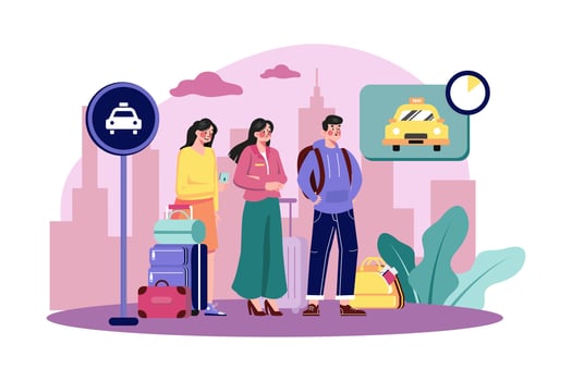A Group Of Tourists With Their Luggage Waiting For A Taxi vector