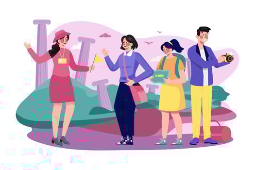 Tour Guide Lady And Group Of Tourists vector
