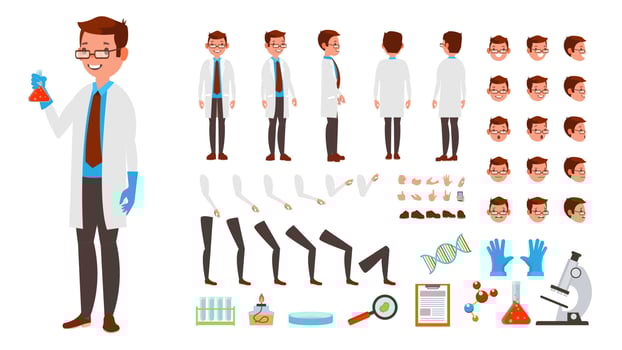 Scientist Man Vector. Animated Character Creation Set. Full Length, Front, Side, Back View, Accessories, Poses, Face Emotions, Hairstyle, Gestures. Isolated Flat Cartoon Illustration vector
