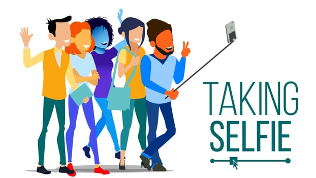 Taking Selfie Vector. Men, Women Laughing. Photo Portrait Concept. Self Camera. Youth Concept. Modern Flat Isolated People Illustration vector