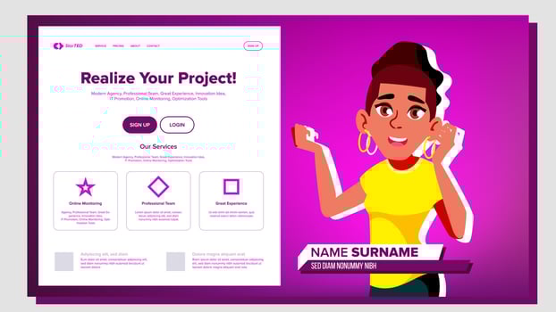 Self Presentation Vector. African American Female. Introduce Yourself Or Your Project, Business. Illustration vector