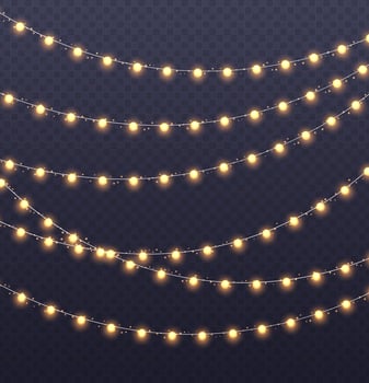 Christmas garland isolated on transparent background. Glowing yelllow light bulbs. vector