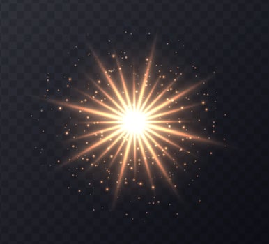 Shining sun flare with stars and sparkles isolated on dark transparent background. vector