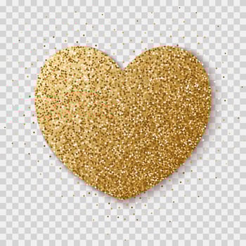 Gold glitter heart isolated on a transparent background. Bright glowing festive sequins and sparkles. vector