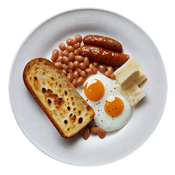 Two Fried Eggs 2 Sausages Canned Beans. Illustration Generative AI png