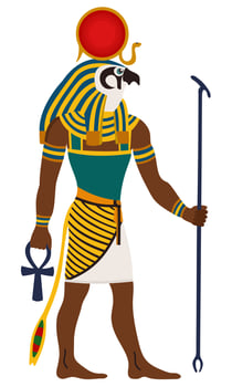 Ancient Egypt. Ra, God of the sun. Man with falcon head. Vector illustration.