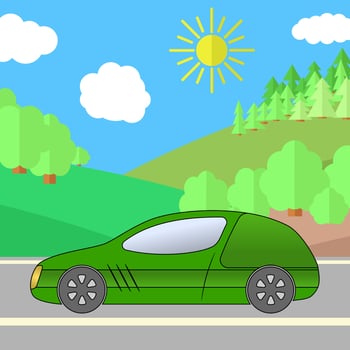 Green Sport Car on a Road on a Sunny Day. Summer Travel Illustration. Car over Landscape. vector