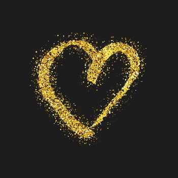 Gold glitter doodle heart on dark background. Gold grunge hand drawn heart. Romantic love symbol. Vector illustration.
