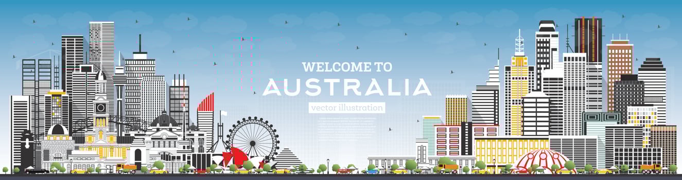 Welcome to Australia Skyline with Gray Buildings and Blue Sky. vector