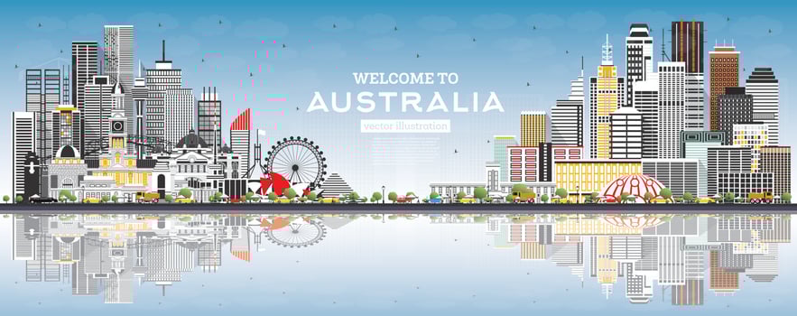 Welcome to Australia Skyline with Gray Buildings, Blue Sky and Reflections. vector