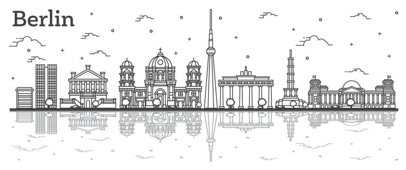 Outline Berlin Germany City Skyline with Historical Buildings and Reflections Isolated on White. vector
