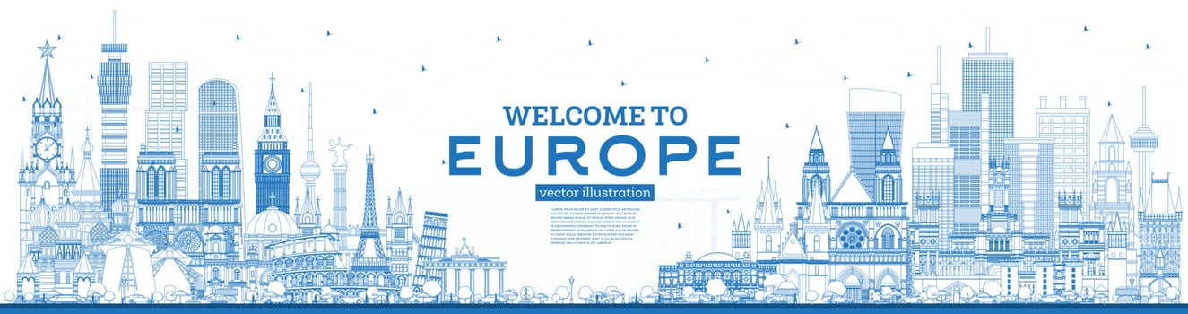 Outline Welcome to Europe Skyline with Blue Buildings. vector