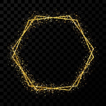 Gold double hexagon frame. Modern shiny frame with light effects isolated on dark transparent background. Vector illustration.