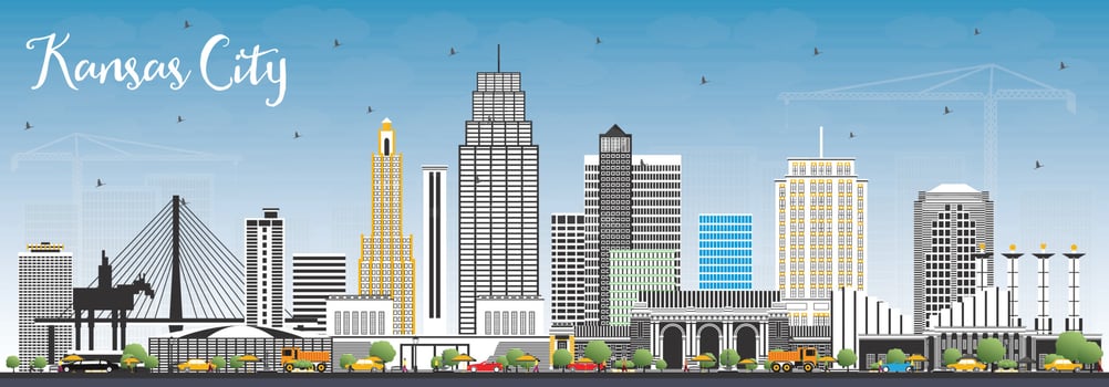Kansas City Missouri Skyline with Color Buildings and Blue Sky. vector