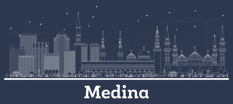 Outline Medina Saudi Arabia City Skyline with White Buildings. vector
