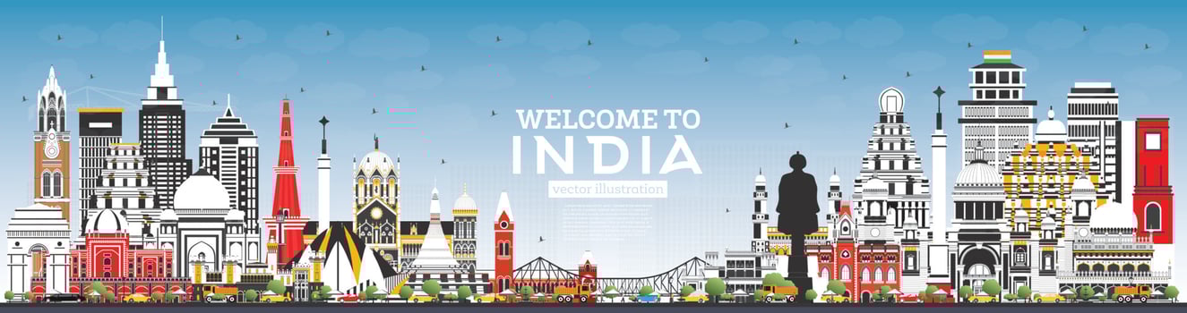 Welcome to India City Skyline with Color Buildings and Blue Sky. vector