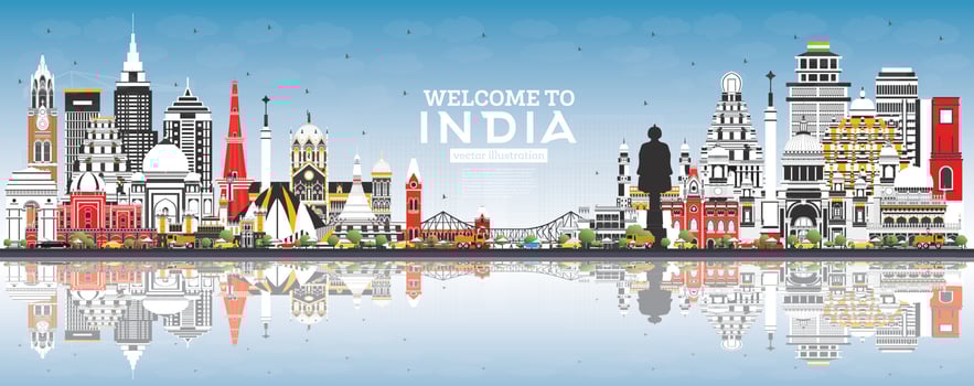 Welcome to India City Skyline with Color Buildings, Blue Sky and Reflections. vector
