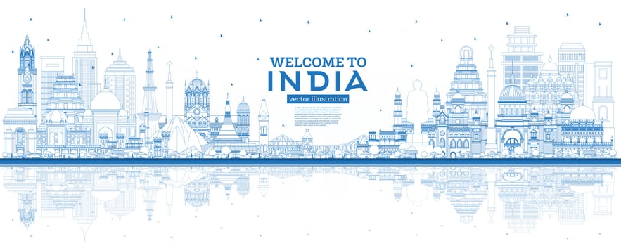 Outline Welcome to India City Skyline with Blue Buildings and Reflections. vector