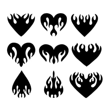Set of flaming hearts and flames in y2k, 00s, 90s style. Tattoo collection - trendy abstract aesthetic y2k heart, drop and flame, minimal vector compositions, prints and emo graphic design elements.