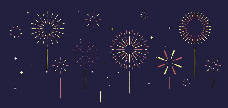 Holiday celebration panorama with firework show background design. vector