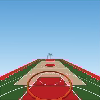 A realistic vector hardwood textured basketball court with basketball in the center court. EPS 10. File contains transparencies.